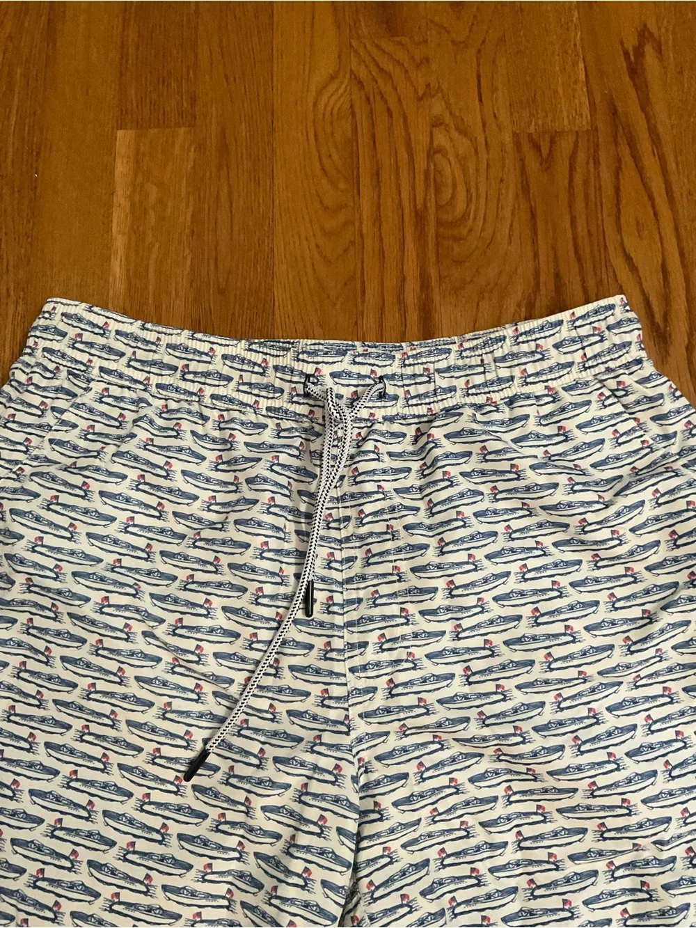 Onward Reserve - Float Your Boat Men's White & Blue Print Swim Trunks. Size L